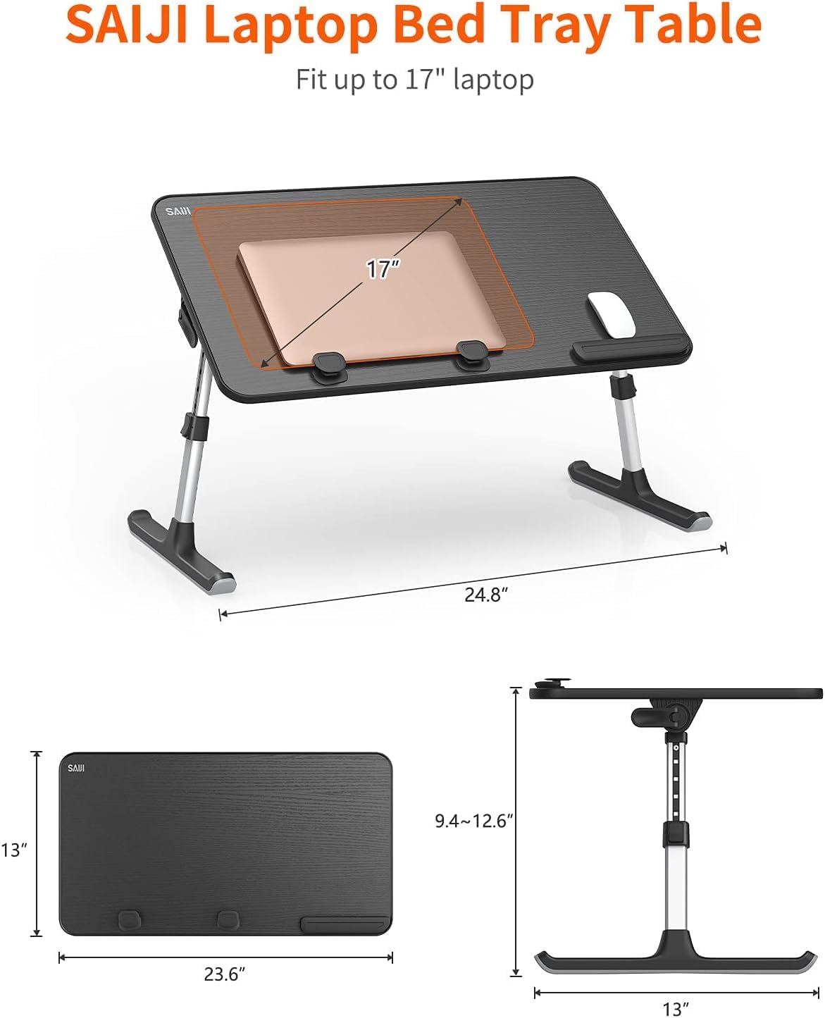 Adjustable Laptop Desk for Bed - Foldable Lap Tray for Eating & Writing, Black