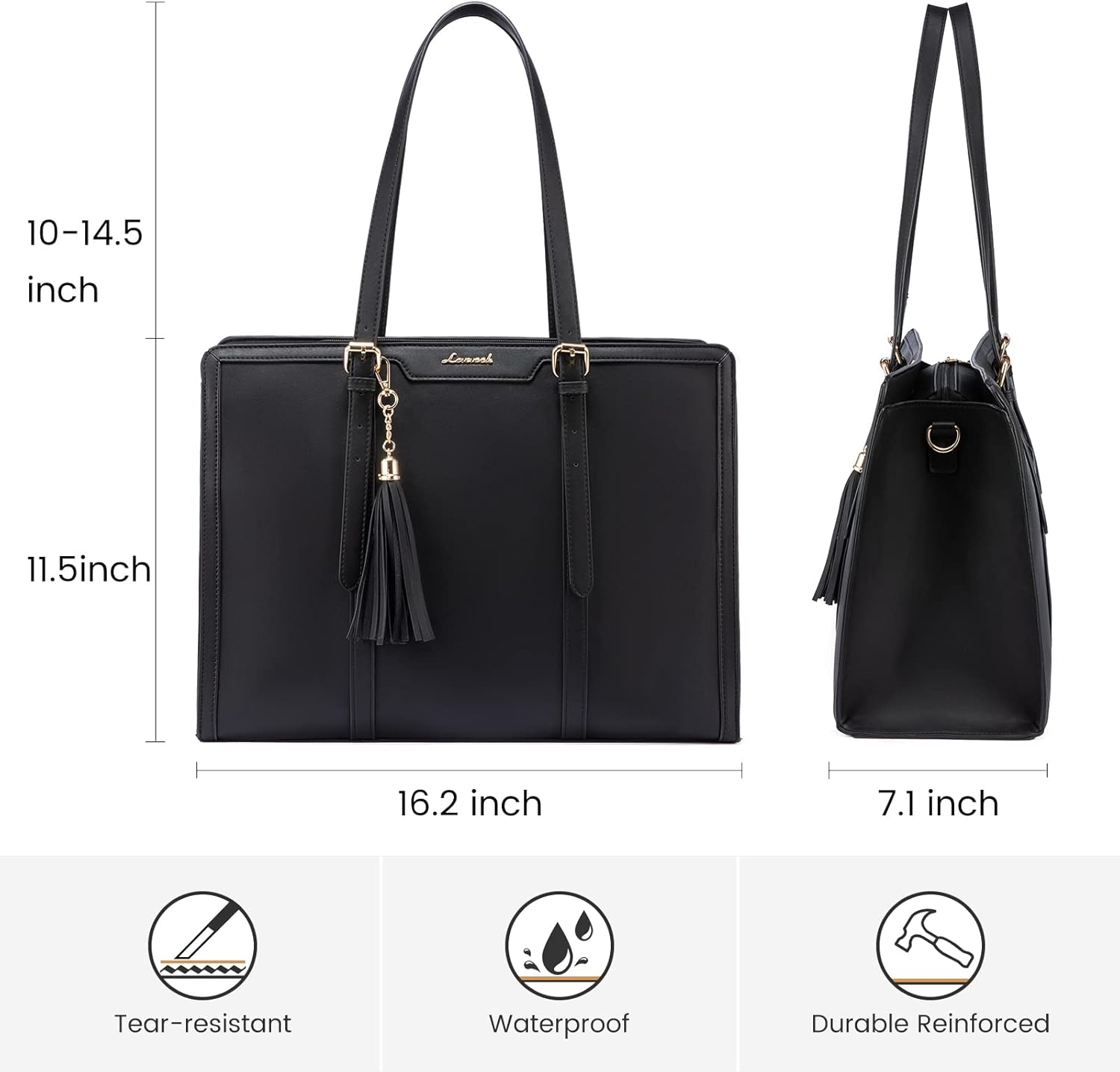LOVEVOOK 15.6" Laptop Tote Bag for Women - Lightweight PU, Large Capacity with Clutch for Work & Travel (Black Leather)