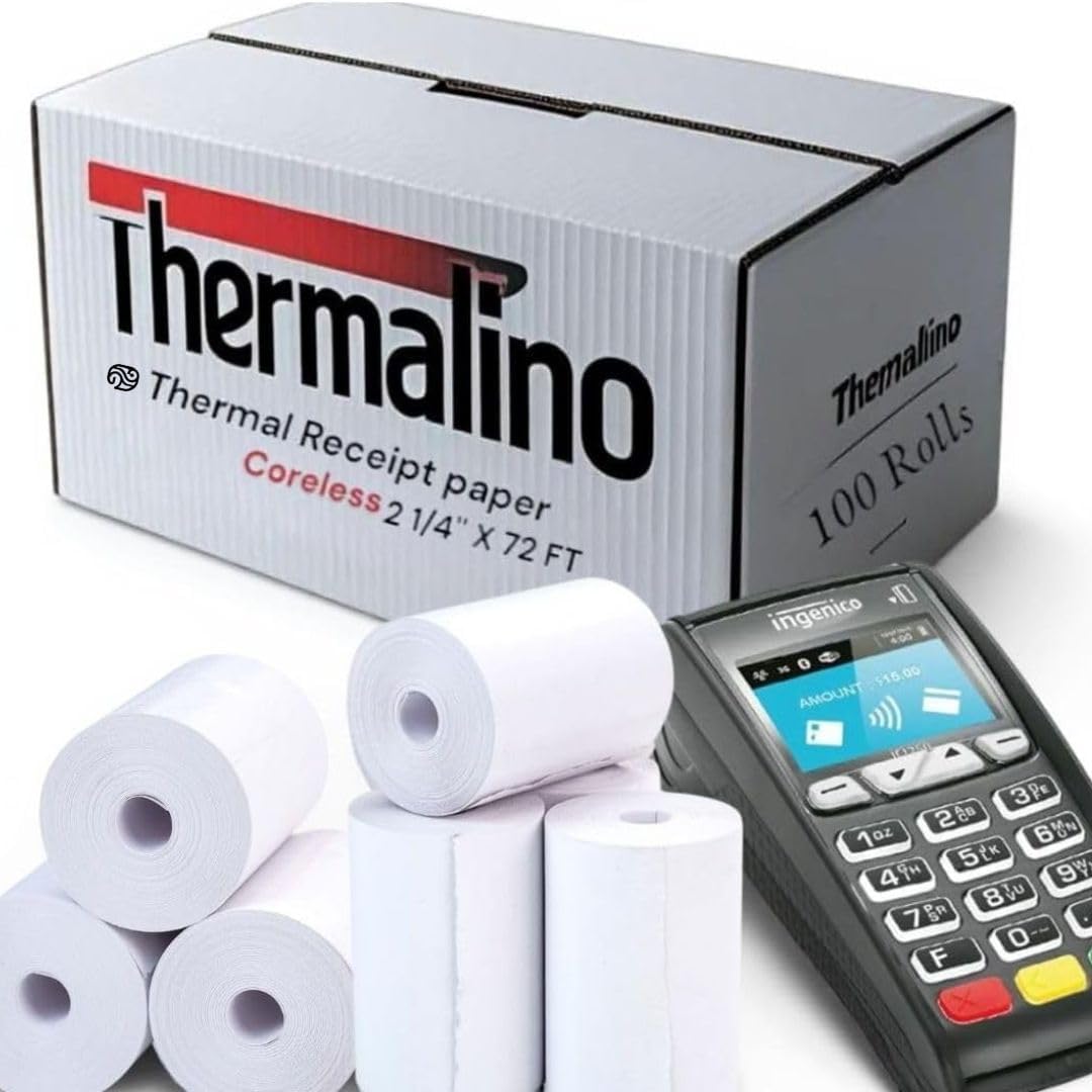 (100 Rolls) 2 1/4" x 72ft' CORELESS Thermal Paper Rolls, POS Receipt Printer Paper, Debit Card Machine Paper for POS Terminals Fits all Clover&Square Terminal, Handheld Receipt Printer & Cash Register