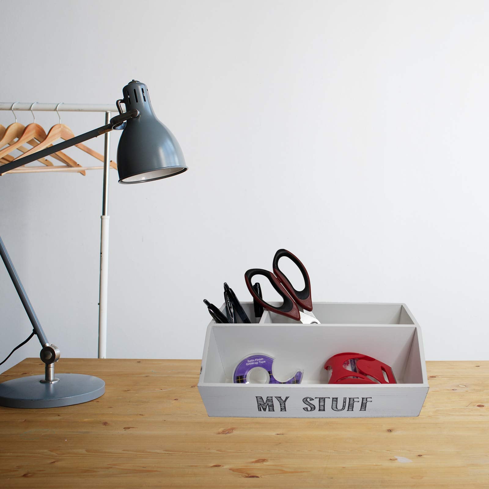 "My Stuff" Rustic Wooden Office Desk Organizer & Mail Rack with Distressed Wood Finish 11" X 6" X 4" (White)