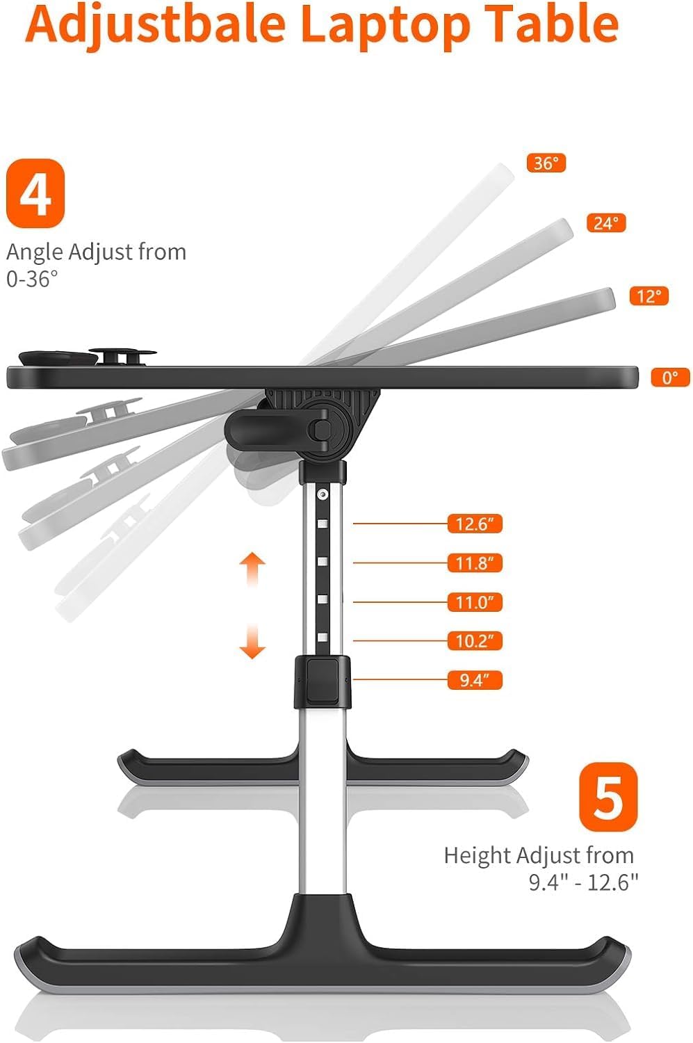 Adjustable Laptop Desk for Bed - Foldable Lap Tray for Eating & Writing, Black