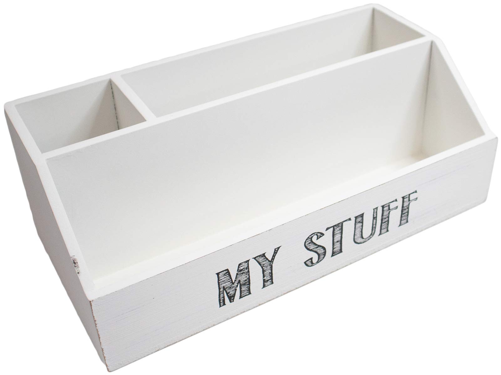 "My Stuff" Rustic Wooden Office Desk Organizer & Mail Rack with Distressed Wood Finish 11" X 6" X 4" (White)