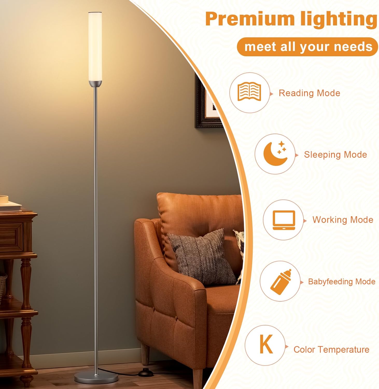 65" LED Floor Lamp with Remote & Foot Switch - Adjustable 3000K-6500K Colors, 5%-100% Brightness