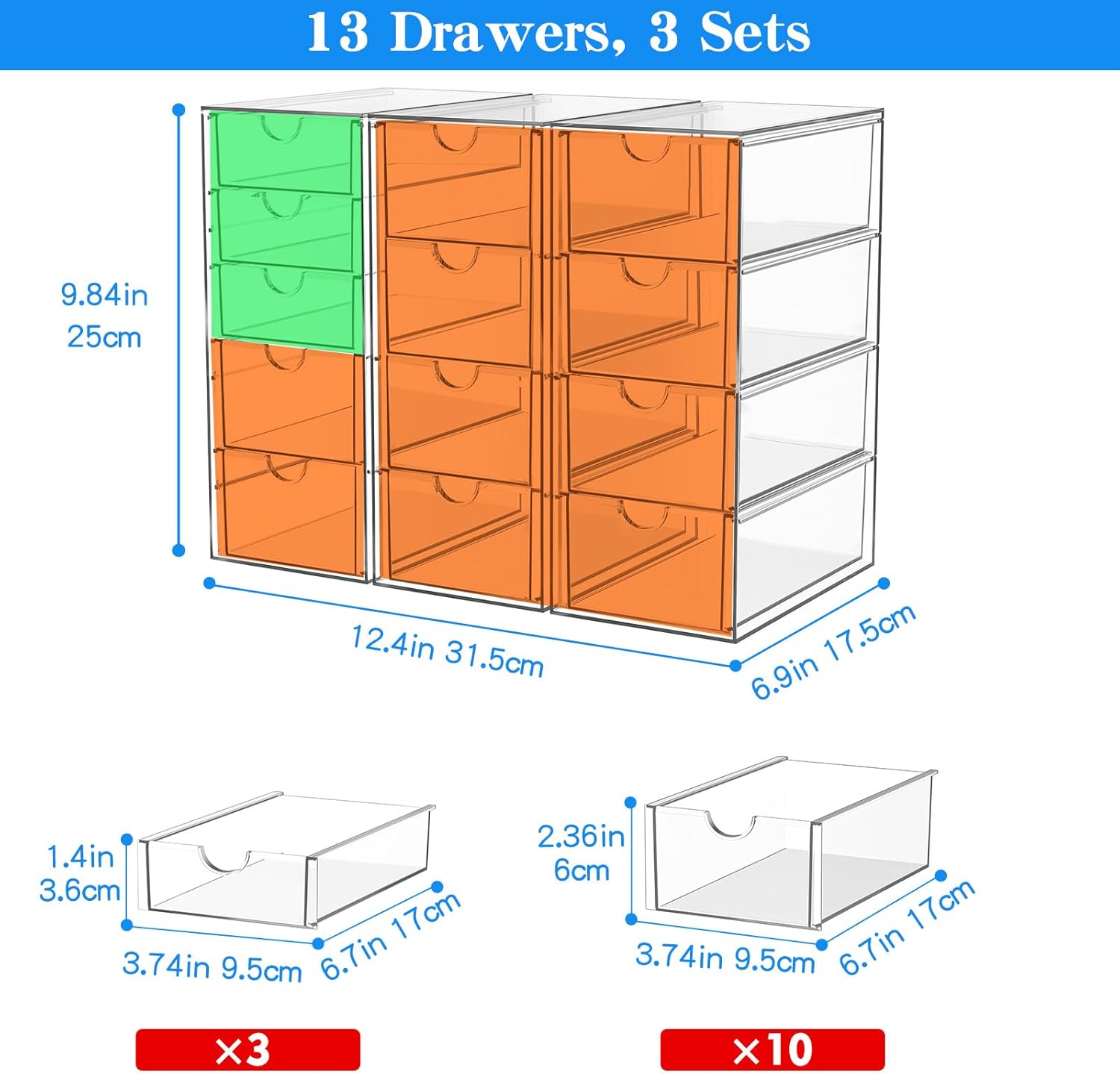 13-Drawer Acrylic Makeup Organizer Set - Versatile Bathroom & Desk Storage Solution