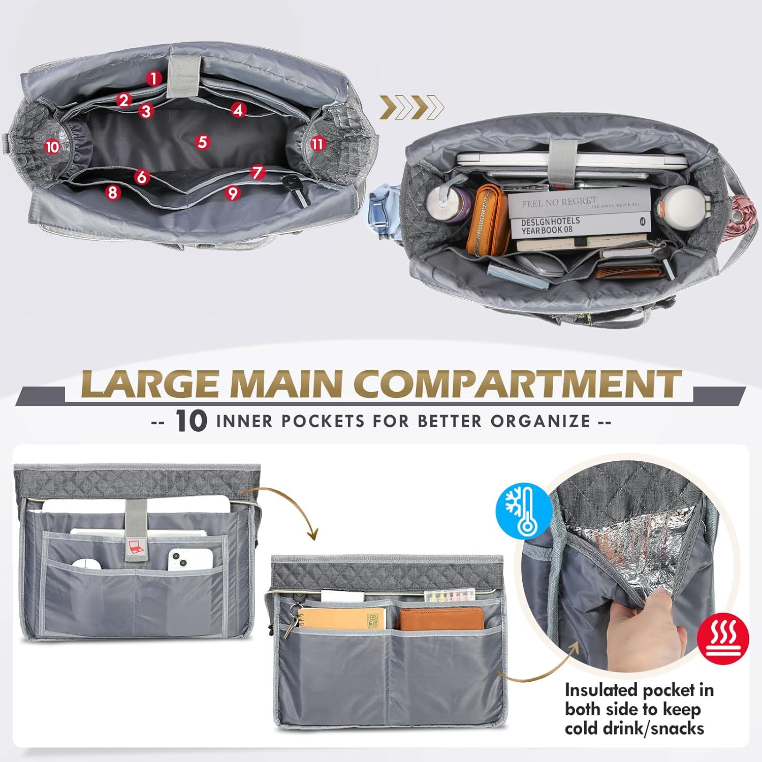 Teacher Tote Bag for 15.6" Laptop - Insulated Work Bag for Women, Black