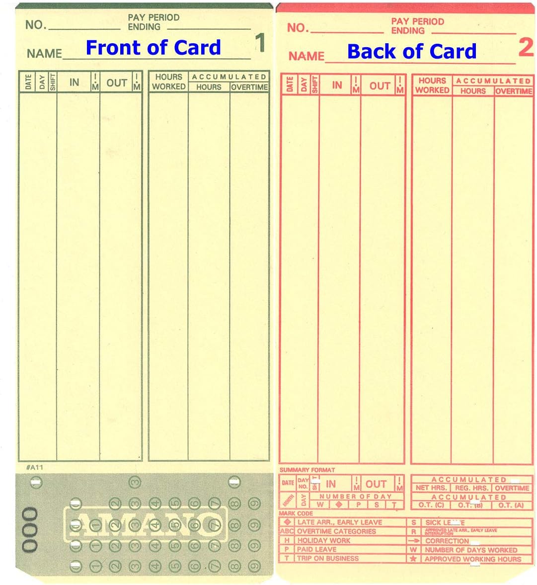 (1000) Amano MJR-7000 and MJR-8000 Time Clock Cards, 000-099 Number Series