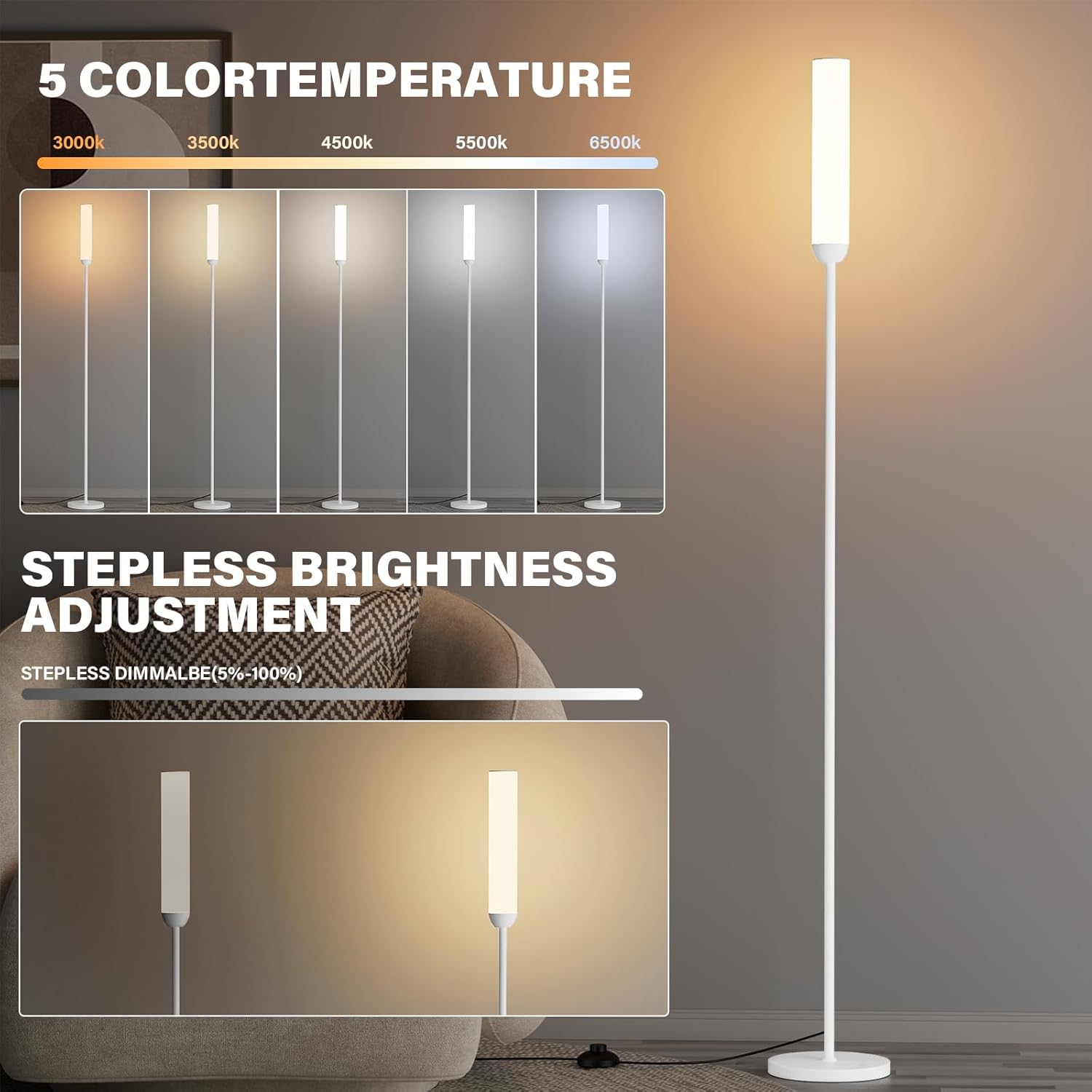 65" LED Floor Lamp with Remote & Foot Switch - Adjustable 3000K-6500K Colors, 5%-100% Brightness