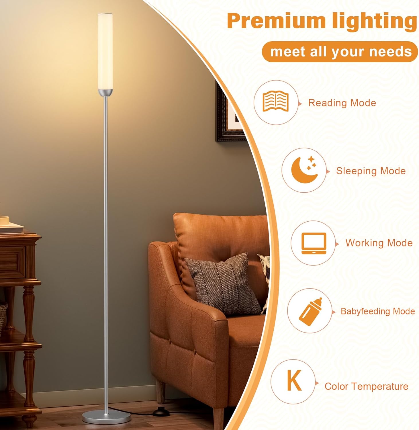 65" LED Floor Lamp with Remote & Foot Switch - Adjustable 3000K-6500K Colors, 5%-100% Brightness