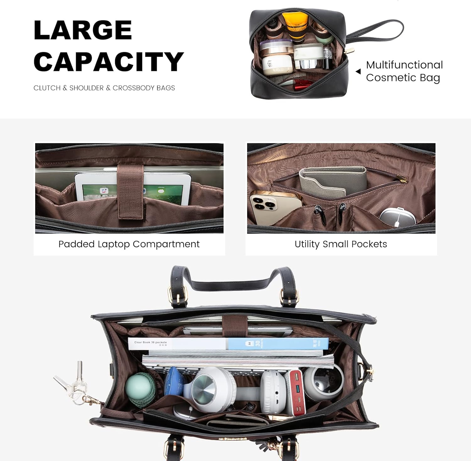 LOVEVOOK 15.6" Laptop Tote Bag for Women - Lightweight PU, Large Capacity with Clutch for Work & Travel (Black Leather)