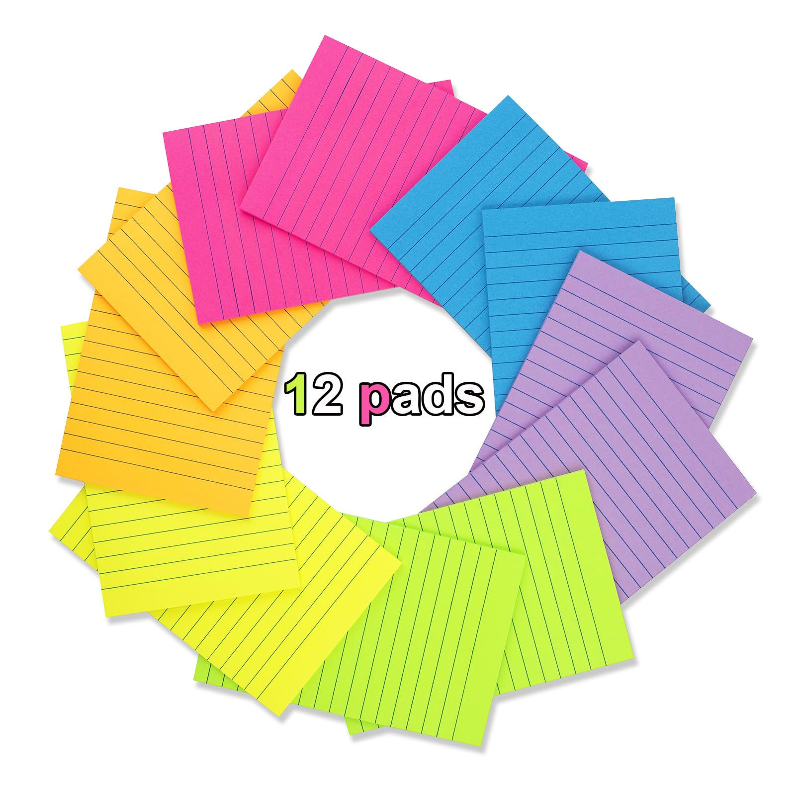 (12 Pack) Lined Sticky Notes 4x6 in Ruled Stickies Super Sticking Power Memo Pads Bright Colors