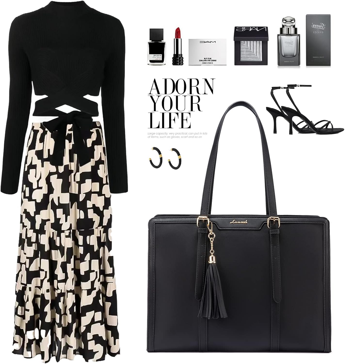 LOVEVOOK 15.6" Laptop Tote Bag for Women - Lightweight PU, Large Capacity with Clutch for Work & Travel (Black Leather)