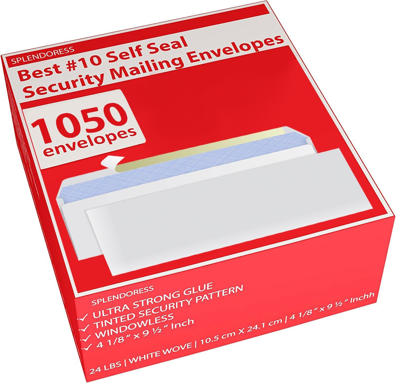 #10 Envelopes Letter Size Self Seal | 500 Business Mailing Security Peel and Sealing Envelope | 100% Tinted | no 10 White Windowless Legal Regular Plain Envelops Pack | 4-1/8 x 9-1/2 Inches | 24 LB