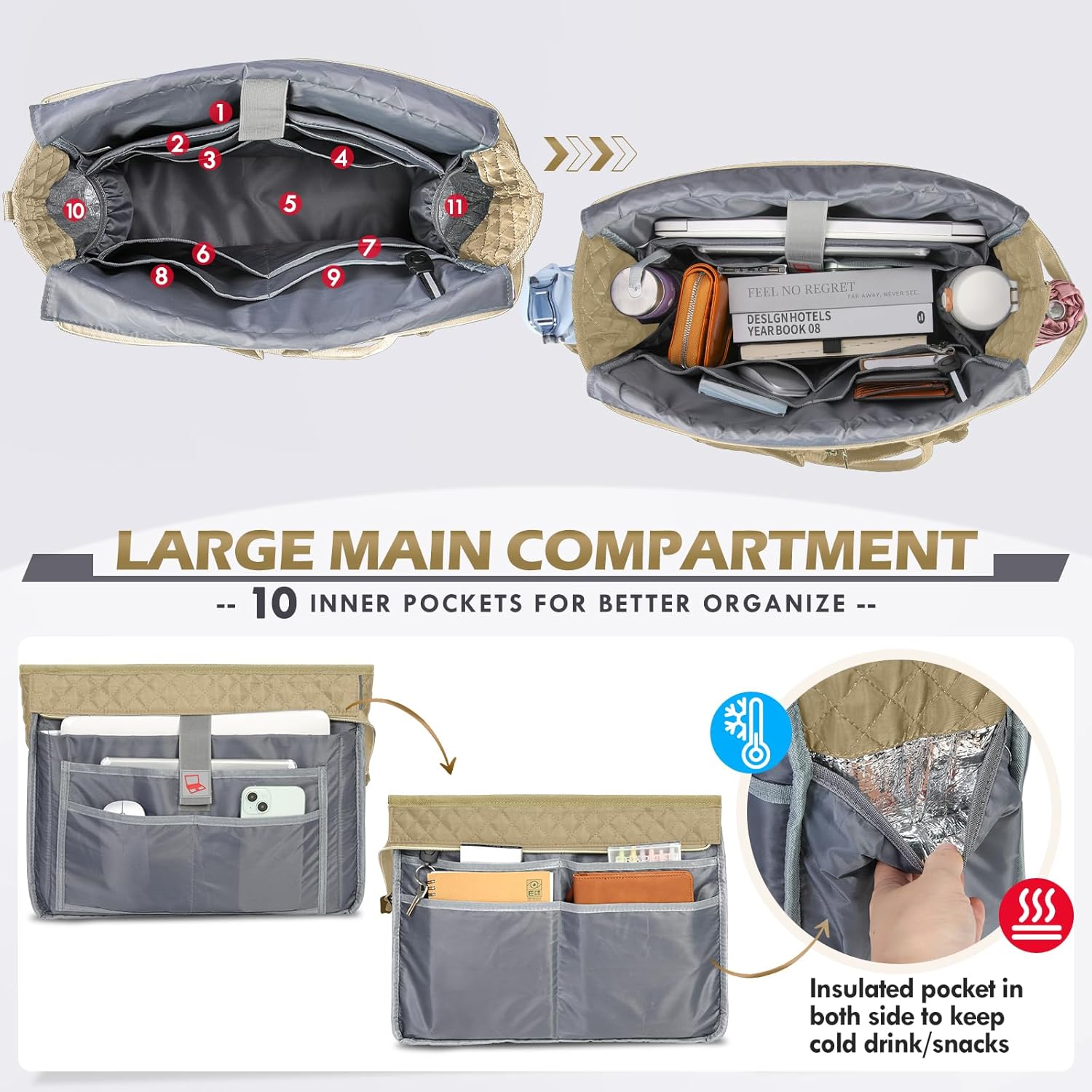 Teacher Tote Bag for 15.6" Laptop - Insulated Work Bag for Women, Black