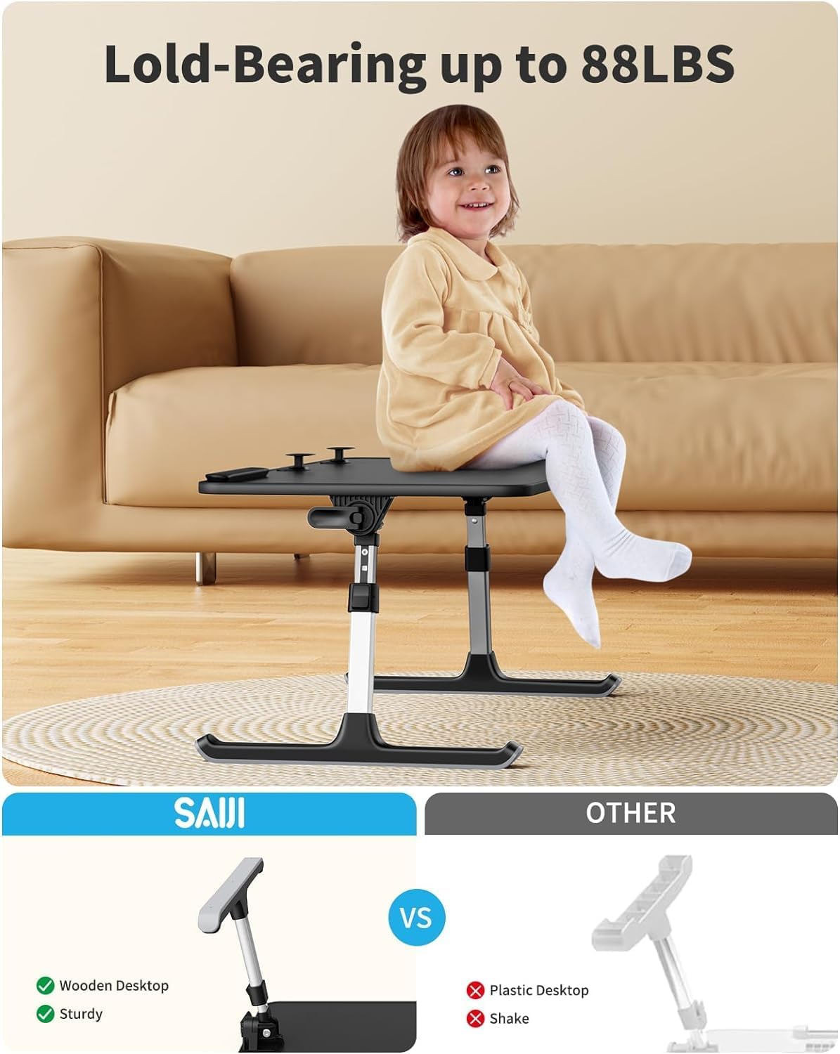 Adjustable Laptop Desk for Bed - Foldable Lap Tray for Eating & Writing, Black