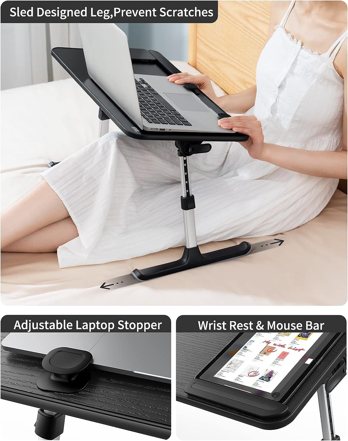 Adjustable Laptop Desk for Bed - Foldable Lap Tray for Eating & Writing, Black