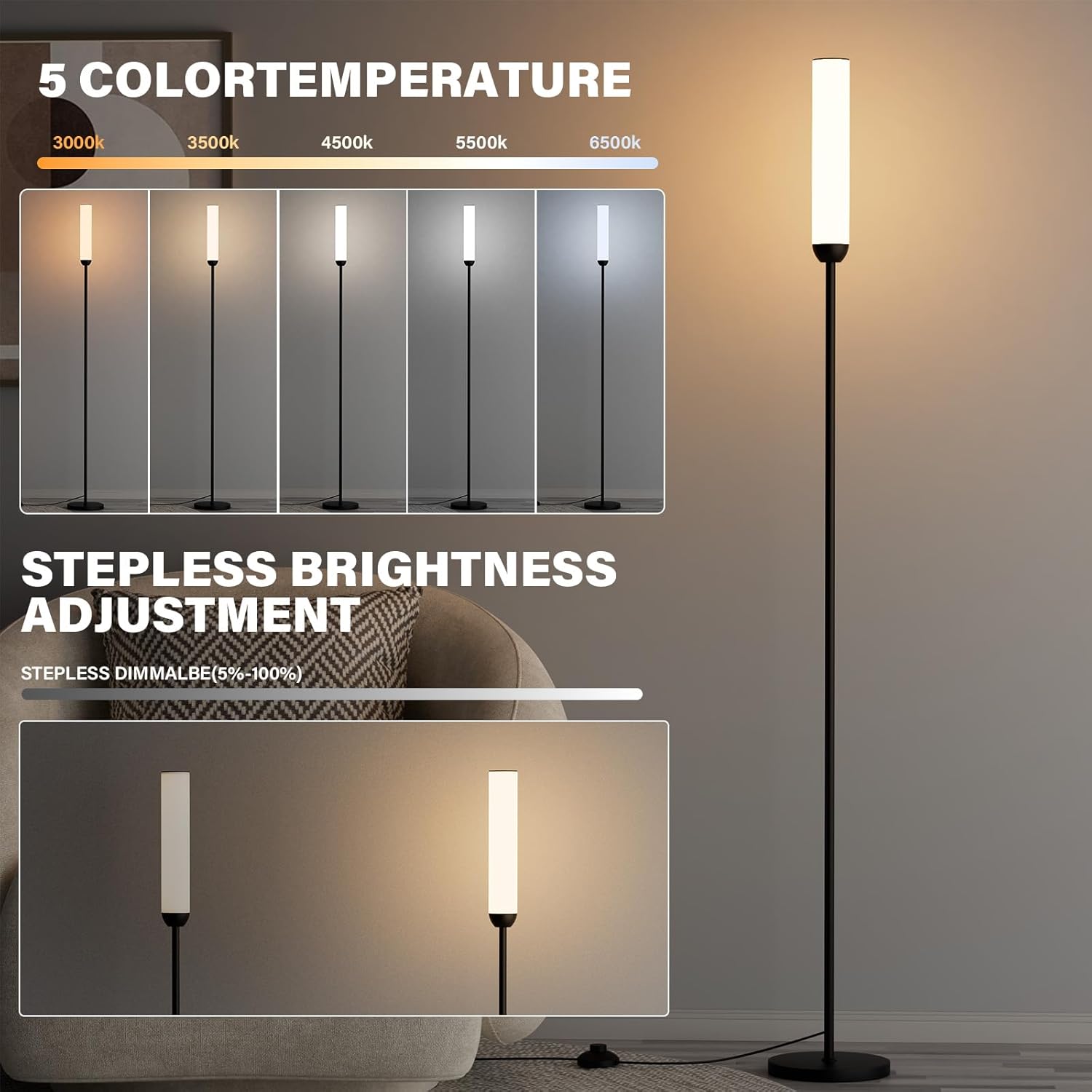 65" LED Floor Lamp with Remote & Foot Switch - Adjustable 3000K-6500K Colors, 5%-100% Brightness
