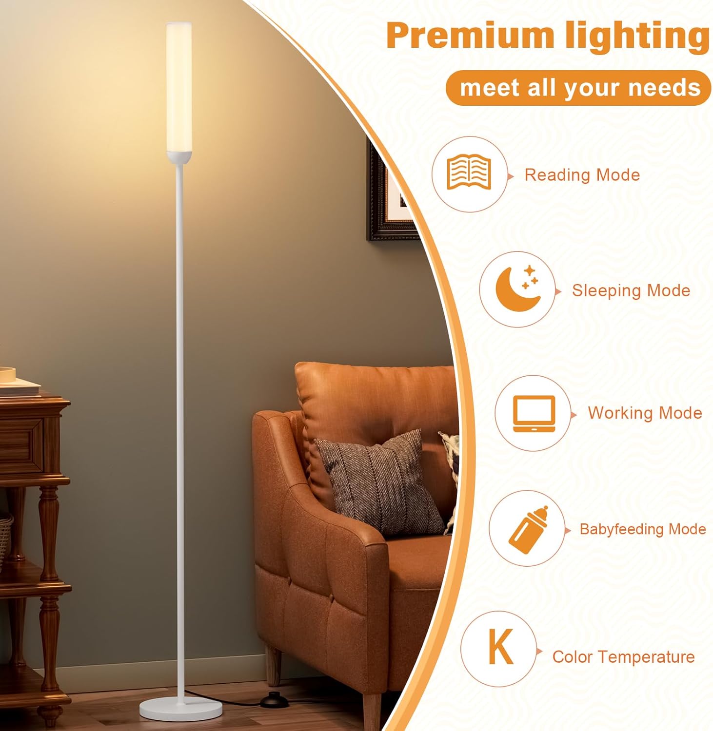 65" LED Floor Lamp with Remote & Foot Switch - Adjustable 3000K-6500K Colors, 5%-100% Brightness