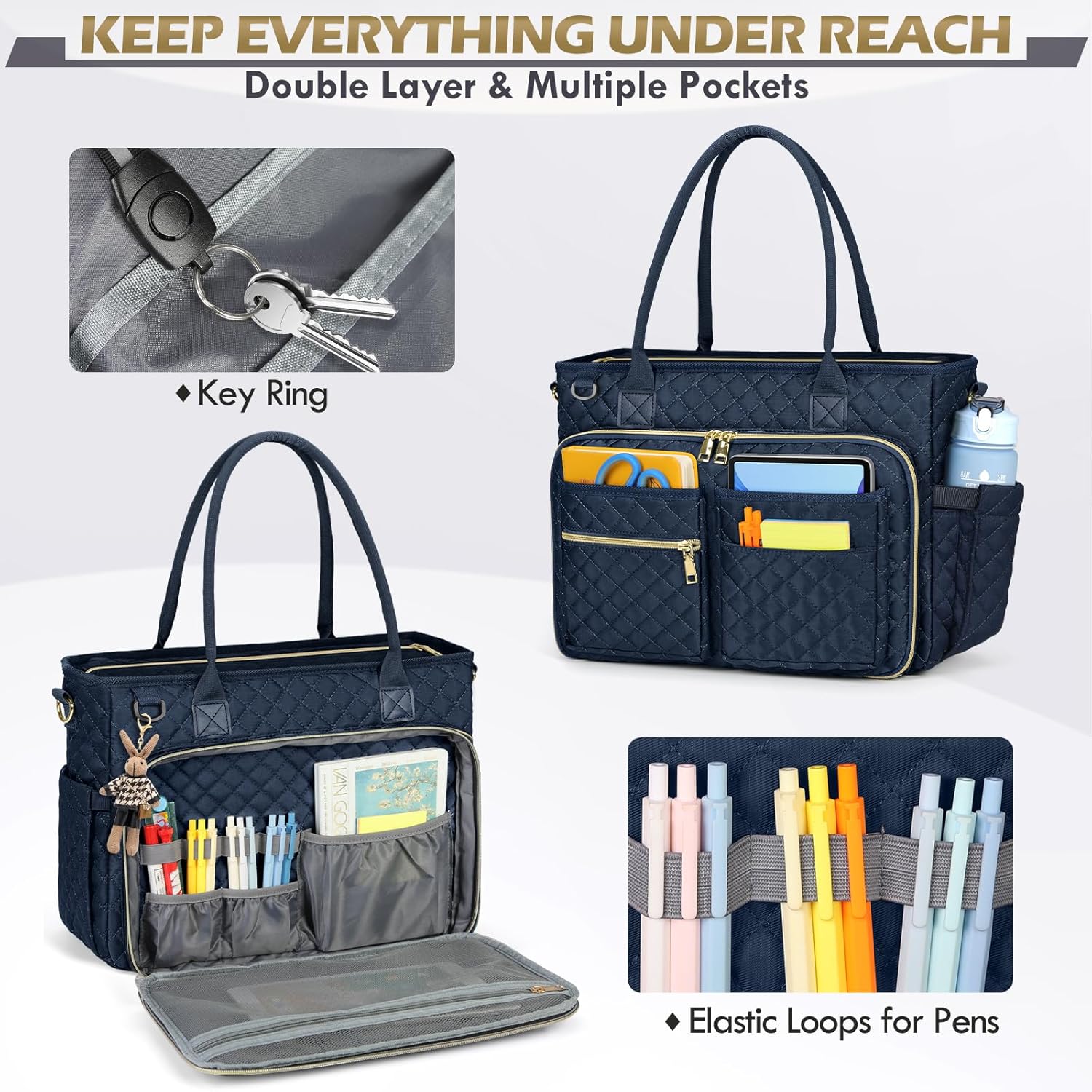 Teacher Tote Bag for 15.6" Laptop - Insulated Work Bag for Women, Black