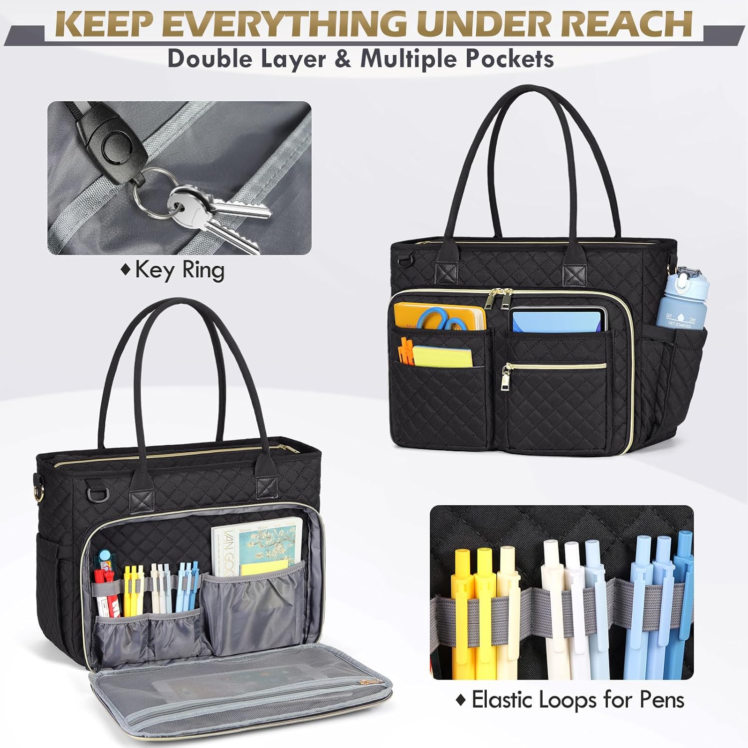 Teacher Tote Bag for 15.6" Laptop - Insulated Work Bag for Women, Black