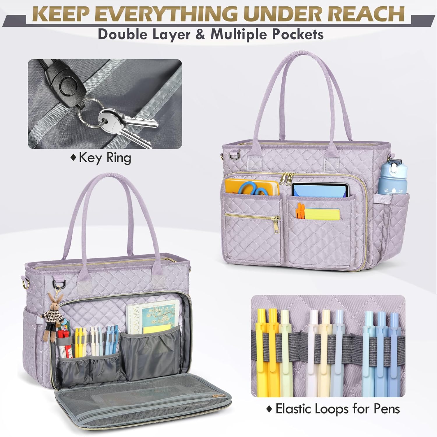 Teacher Tote Bag for 15.6" Laptop - Insulated Work Bag for Women, Black