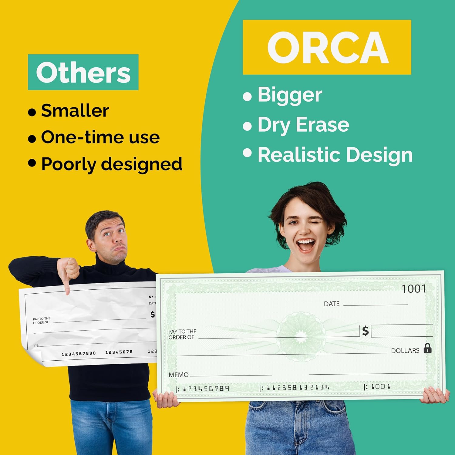 (2 Pack) Big Checks For Presentations | 36 x 16" Dry Erase Giant Check - Oversized Fake Checks For Presentation, Big Check Fundraiser Items, Large Check, Big Blank Check Plaque, Reusable Fake Check