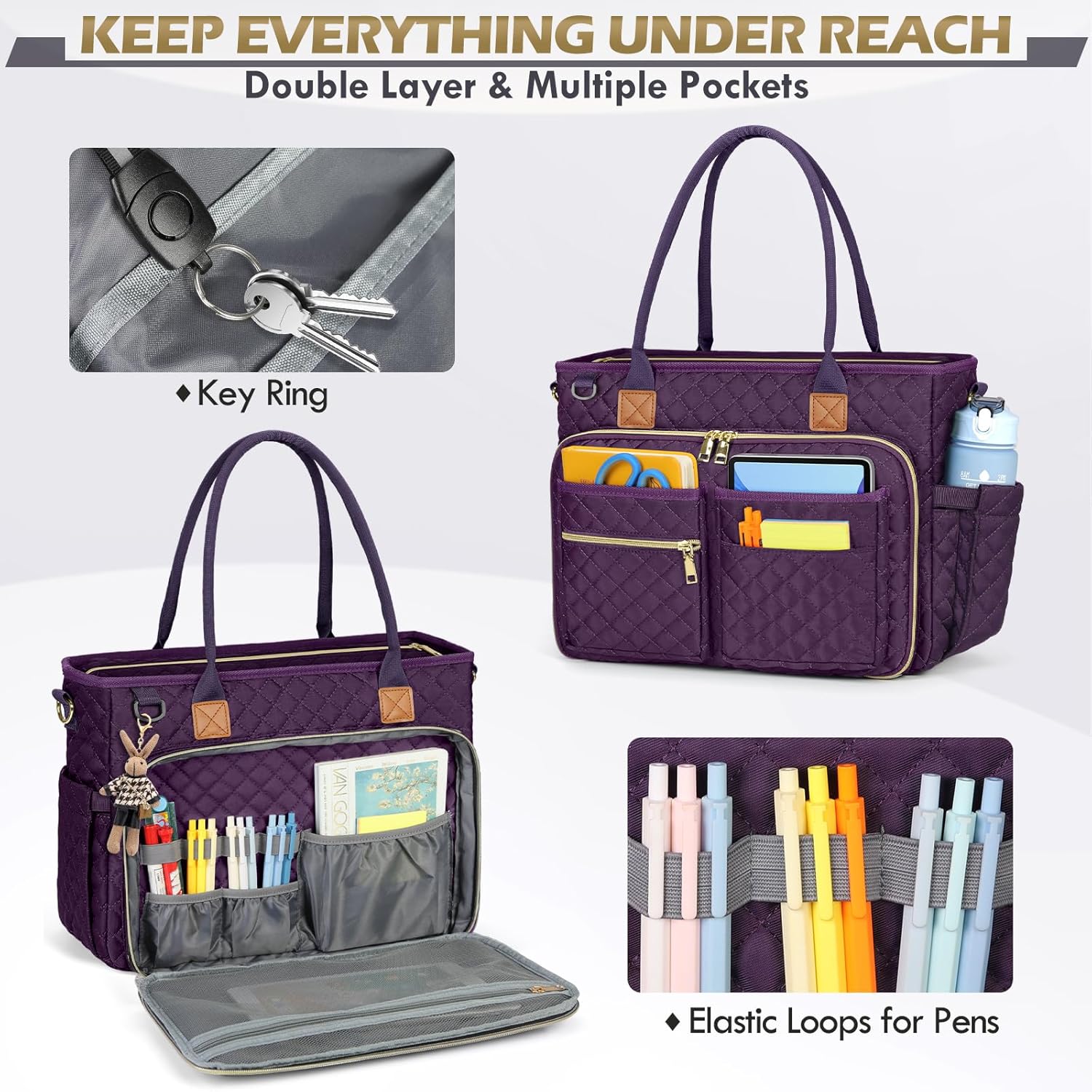 Teacher Tote Bag for 15.6" Laptop - Insulated Work Bag for Women, Black