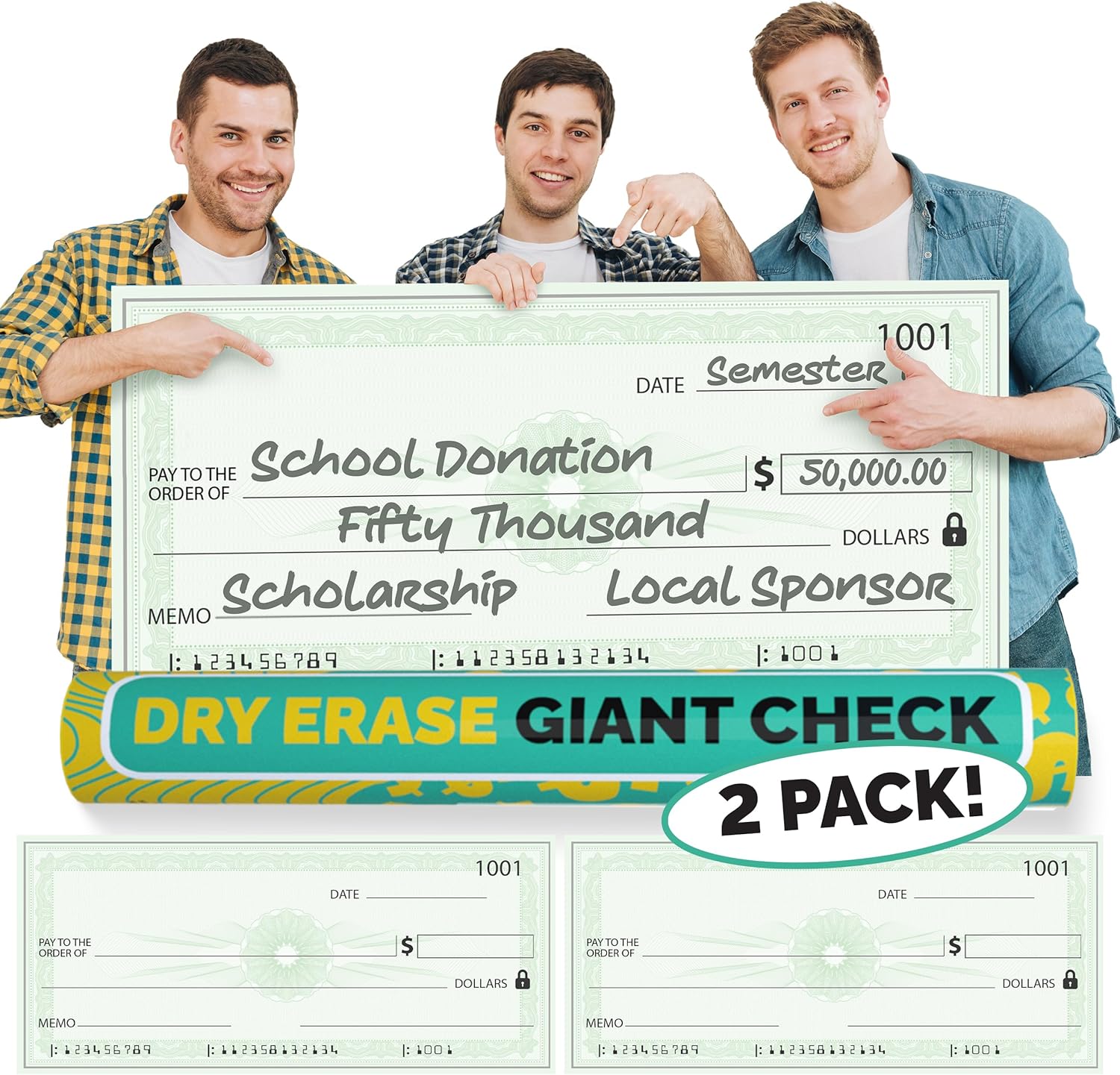 (2 Pack) Big Checks For Presentations | 36 x 16" Dry Erase Giant Check - Oversized Fake Checks For Presentation, Big Check Fundraiser Items, Large Check, Big Blank Check Plaque, Reusable Fake Check